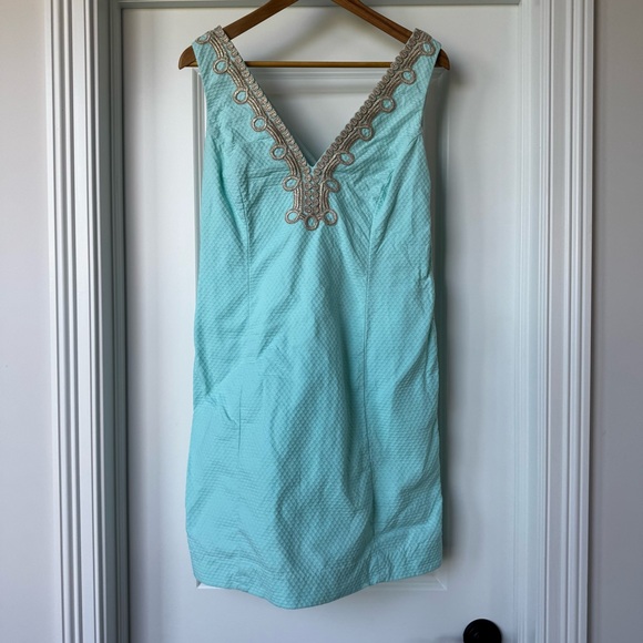 Lilly Pulitzer Dresses & Skirts - Lilly Pulitzer Aqua Textured Shift Dress Gold Embroidered Neckline Size 12